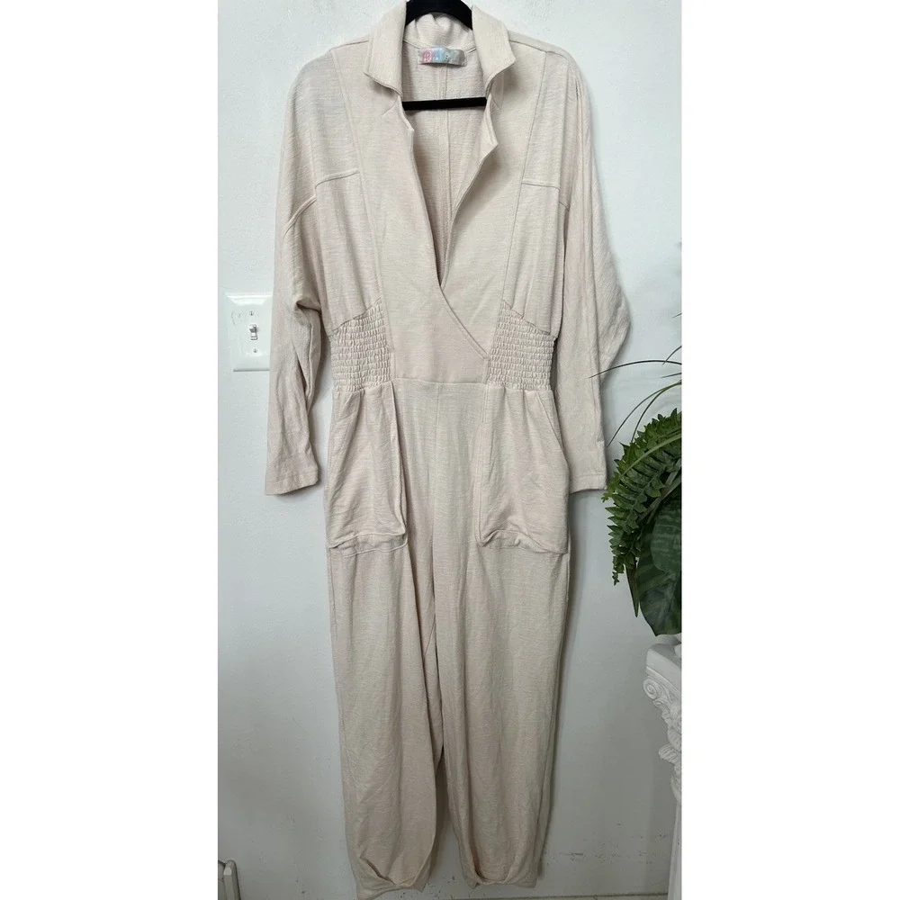 Free People Blair Jumpsuit M Cream Smocked Waist Cotton Knit Boho Loungewear